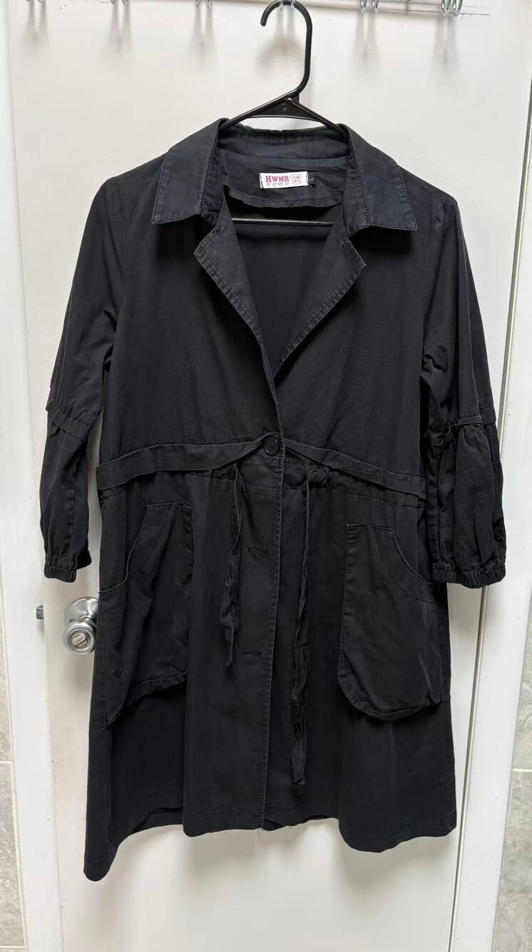 Vintage 80s Style Black Utility Trench Coat Drawstring Cargo Jacket Small S